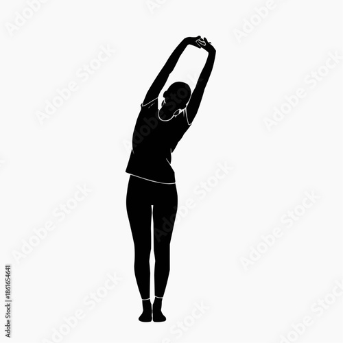 A woman in a black silhouette stretches her arms overhead in a serene pose