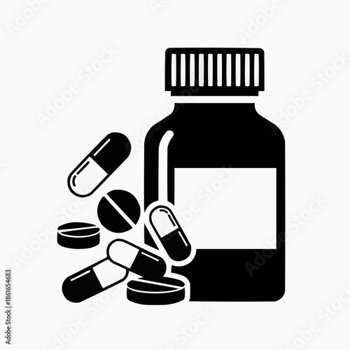 A black and white illustration of a medicine bottle and pills
