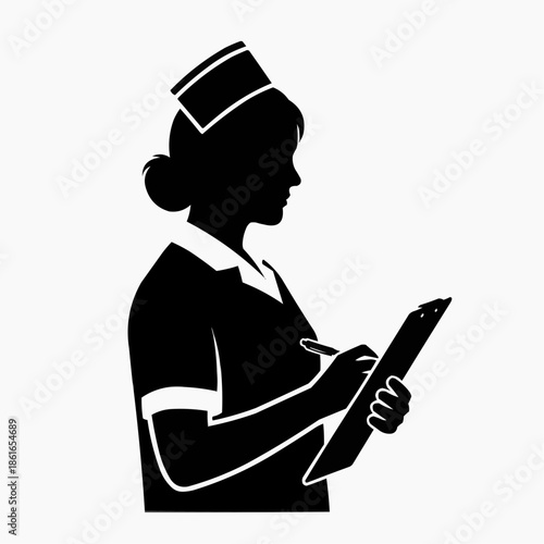 A silhouette of a nurse holding a clipboard in a professional setting