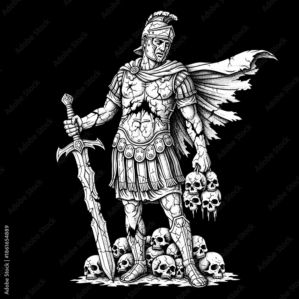 Fototapeta premium Ancient Roman warrior standing triumphantly over a pile of skulls holding a sword and a trophy of heads.