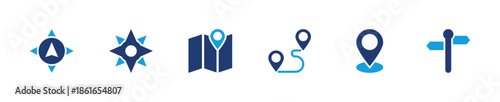 Navigation icon set. Compass map route direction location guide. Solid icon collection.