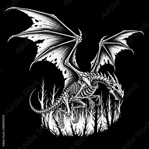 Detailed Skeleton Dragon Illustration in a Dark Forest Setting.