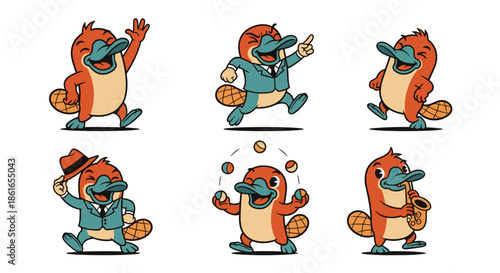 Cute Cartoon Platypus Character Set with Various Poses and Activities.
