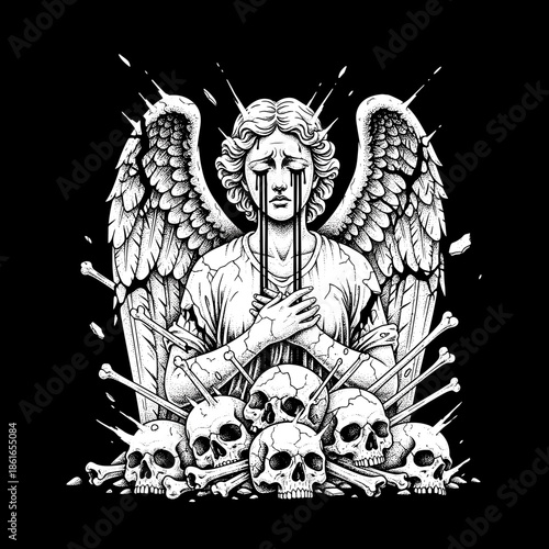 Angelic figure weeping tears of blood surrounded by skulls and bones.