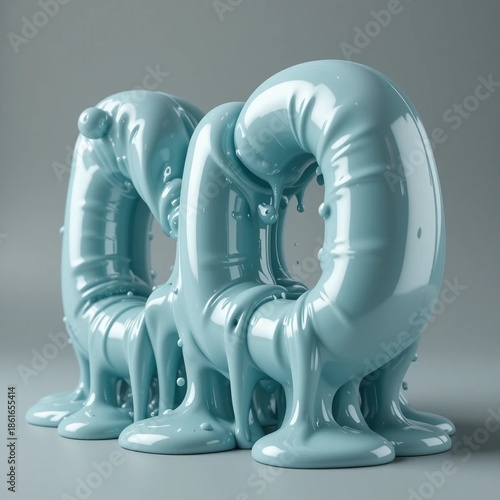 Abstract 3D Render of Viscous Pastel Blue Liquid Dripping in Glossy Circular Shapes