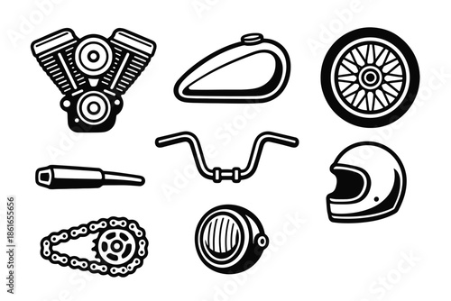 Motorcycle Parts and Accessories Collection Vector Icons.