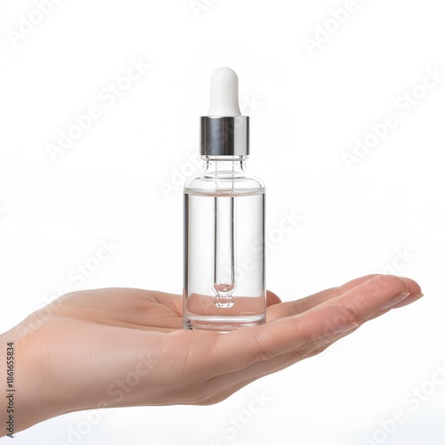 Professional square mockup of a transparent glass dropper bottle held by hand, minimalist serum packaging on white background.