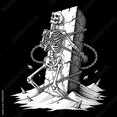 A skeletal figure bound by heavy chains to a stone monument.