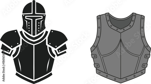 Flat lay illustration of a black knight armor with a helmet and a gray bulletproof vest on a white background.