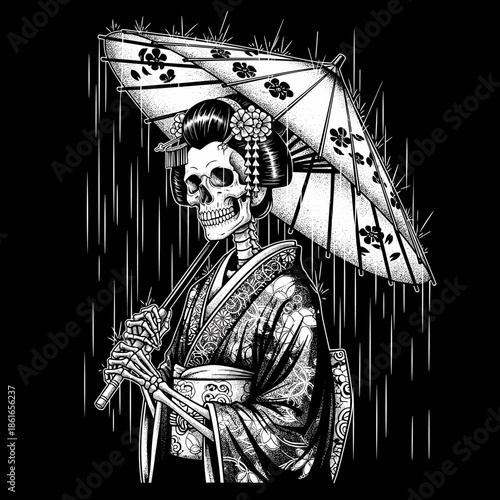 Skeleton Geisha Holding Umbrella in the Rain.