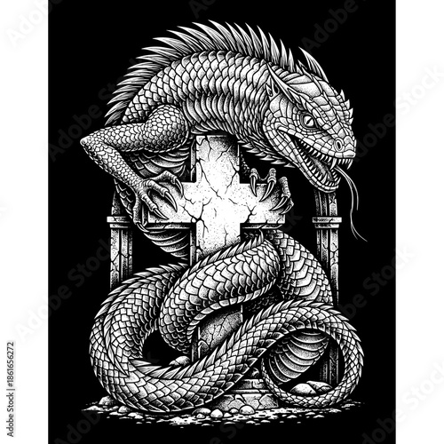 Detailed Illustration of a Mythical Dragon Coiled Around a Stone Cross.