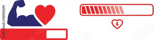 Graphic illustration of a flexed arm and heart with a loading bar and a heart rate symbol on a white background.