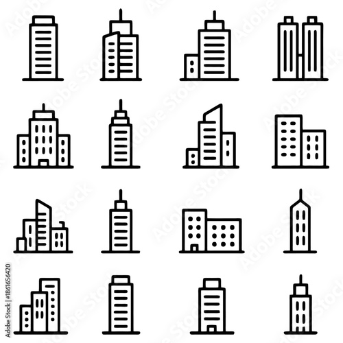 Urban Architecture Icon Collection: A meticulously curated assembly of vector icons representing a variety of modern buildings, skyscrapers, and architectural designs.