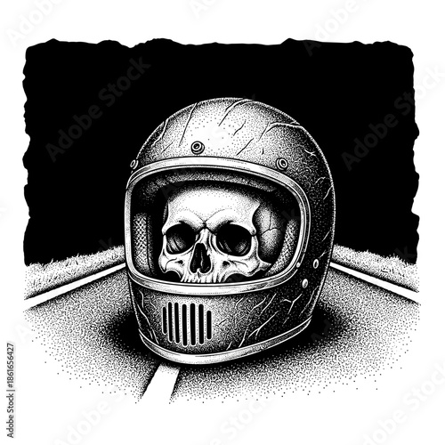 Skull Inside Motorcycle Helmet on Road.