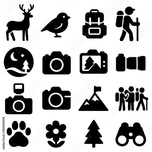 Nature and Adventure Icon Collection: An array of meticulously crafted vector icons representing the beauty of nature and the spirit of outdoor adventures. perfect for any project.