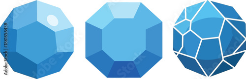 Three blue faceted gemstones with different surface details on a white background, close-up.