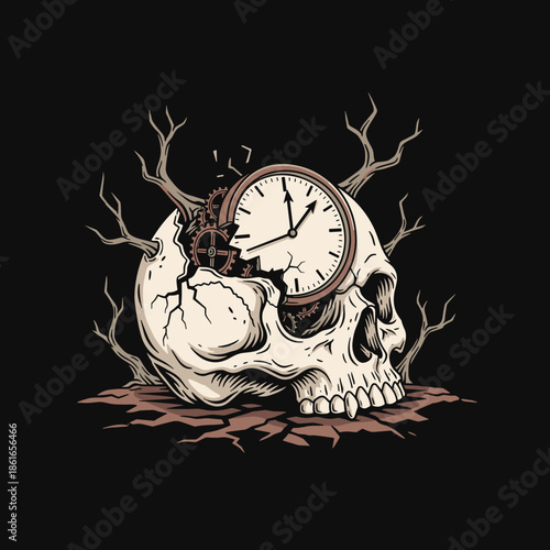 Skull with Clock Inside Representing Time and Mortality.