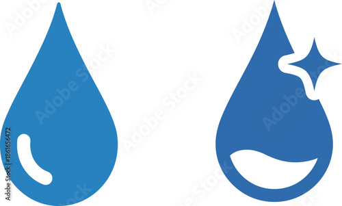 Graphic illustration of two blue water droplets on a white background, one with a sparkle.