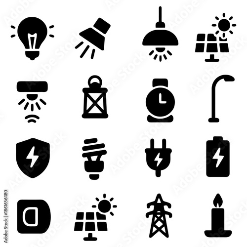 Illumination Icons: A comprehensive array of diverse, minimalist icons represent lighting, solar energy, and power supply elements. These icons offer visual clarity in a clean, modern design.