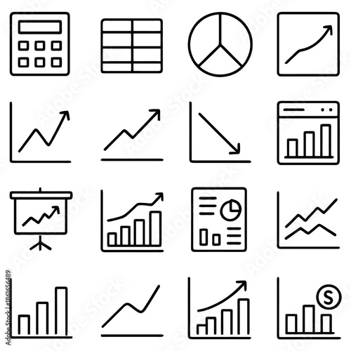 Financial Growth Icons: A collection of concise icons depicting financial growth, progress, and various data representations, essential for financial analysis and business strategy.