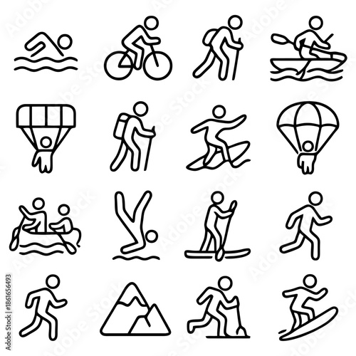 Icons of Activity: An illustrated collection of active individuals engaging in a variety of sports and outdoor pastimes, embodying energy and athleticism in a minimalist design.