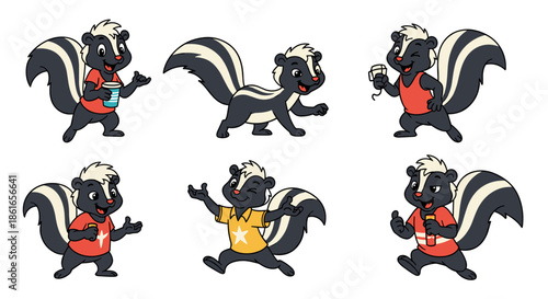 Set of Six Adorable Cartoon Skunks in Various Poses and Outfits.