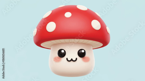 Cute cartoon mushroom emoji character with a smiling face on a light blue background.