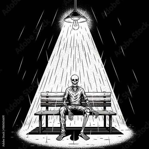 Skeleton sitting alone on a bench under a street lamp in the rain.