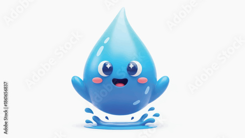 Cute blue water droplet character smiling with splash on white background.