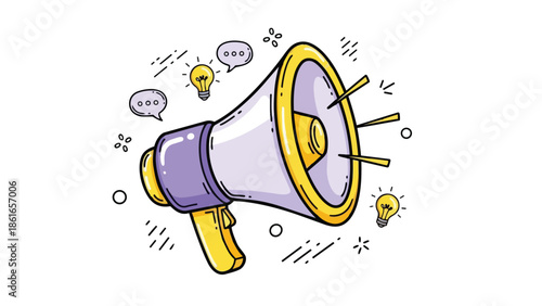 Flat vector of a cartoon megaphone broadcasting ideas, surrounded by speech bubbles and glowing lightbulbs. Ideal for marketing, announcements or creative brainstorming concepts.