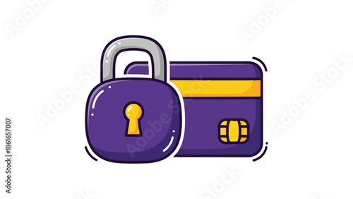 Flat vector of a secure payment card in purple with yellow stripe and chip, protected by a matching padlock. Ideal for finance, online shopping or data protection concepts.