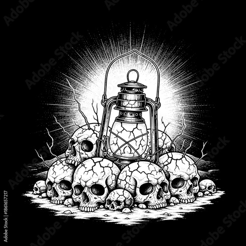 Creepy lantern illuminating a pile of skulls and bones.