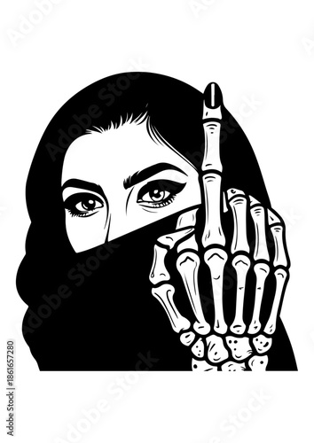 Edgy Illustration of a Woman with Hijab and Skeleton Middle Finger Gesture