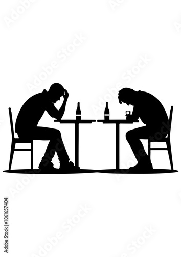 Silhouette of Two Men Depressed and Drinking at a Bar