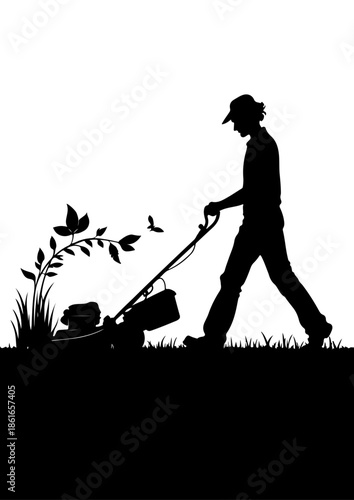 Silhouette of a Man Mowing the Lawn