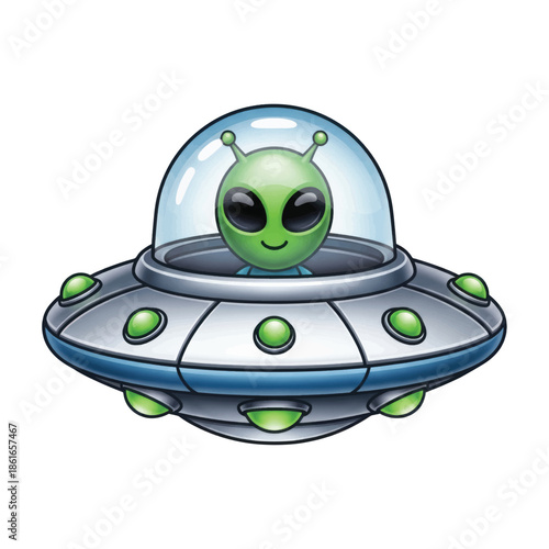 Cartoon Green Alien in Flying Saucer UFO Illustration.