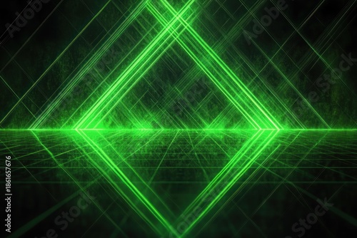 Glowing neon green geometric shapes forming intersecting diamond patterns on a dark grid background with reflections and futuristic ambiance