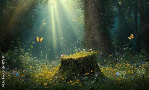 Sunlight filters through dense forest canopy illuminating an old moss-covered tree stump surrounded by wildflowers and butterflies, evoking a serene and magical atmosphere