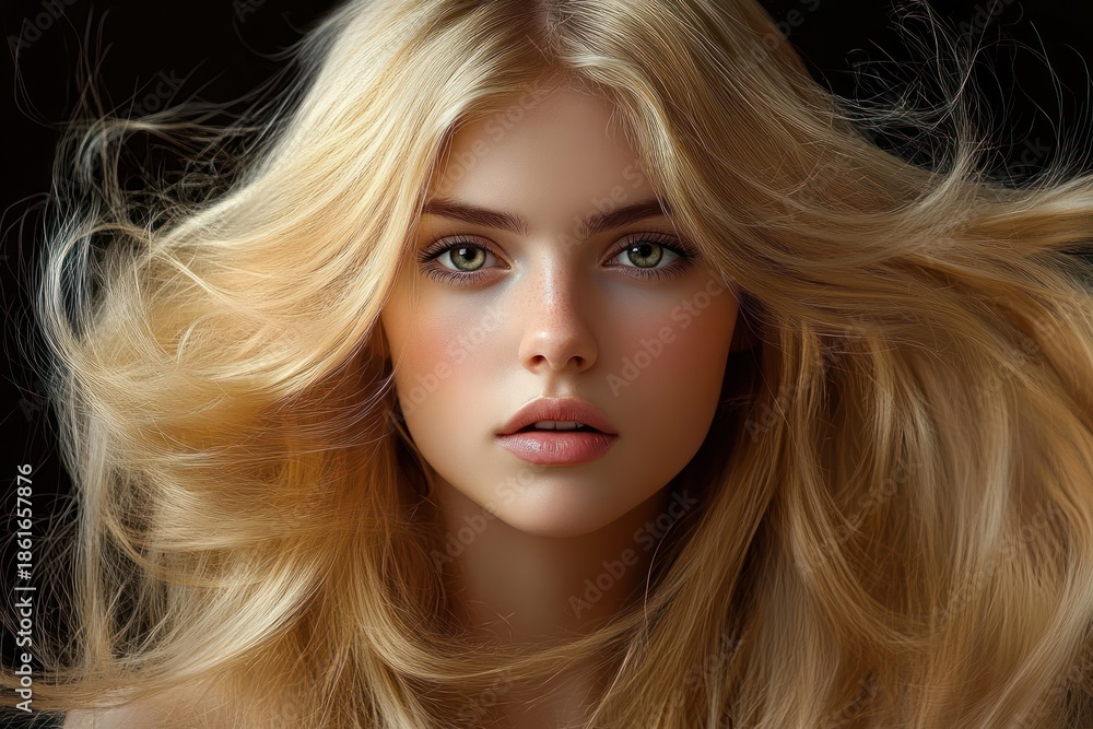 Naklejka premium Flowing wind-swept golden blonde hair framing a graceful neck and shoulders against a dark background, conveying movement, elegance and confident glamour
