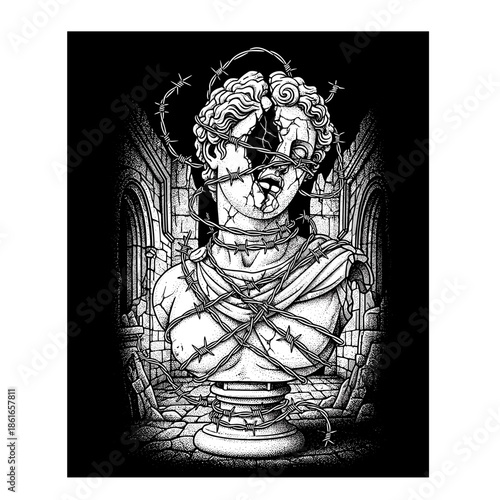 Broken ancient statue wrapped in barbed wire and chains.