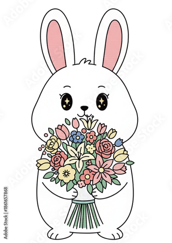 Cute white bunny illustration holding a pastel flower bouquet, kawaii style, soft pink accents, clean white background, simple line art, sweet and adorable character design