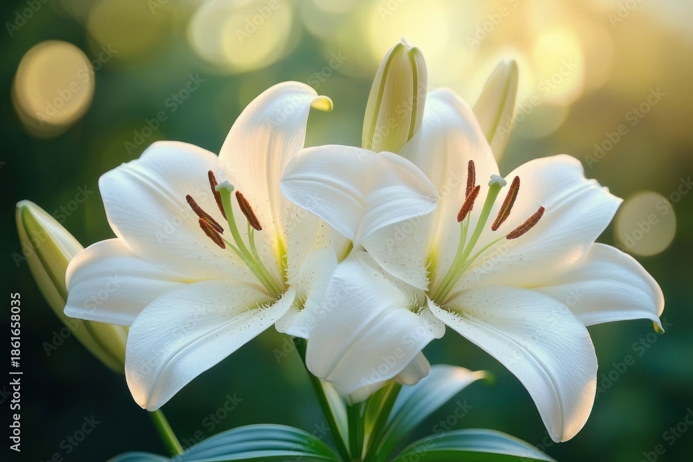 Fototapeta premium Three white lilies with visible stamens and pollen, unopened buds and green leaves bathed in warm sunlight with soft bokeh background, evoking serene elegant purity