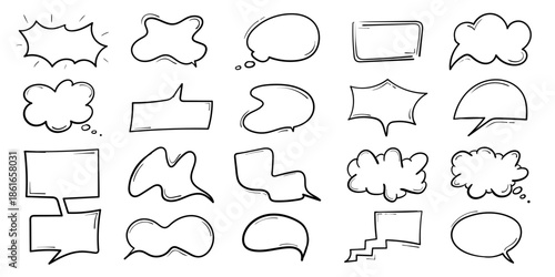 Collection set of hand drawn speech bubbles and thought bubbles in various shapes and styles