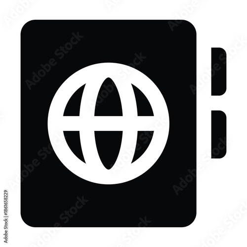 Solid black illustration of a passport booklet with globe symbol. Clean glyph style for international travel, identification, border control, and travel documentation visuals.