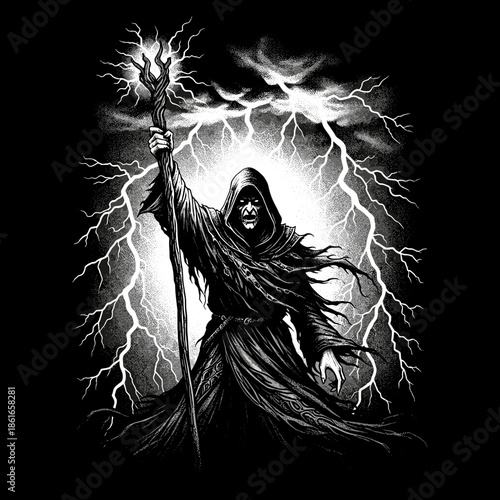 Dark hooded figure holding a glowing staff amidst lightning strikes.