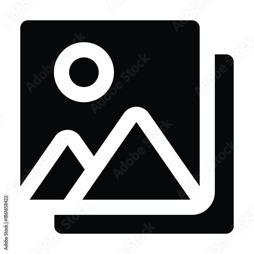 Solid black glyph showing stacked photo frames. Minimal design for photography, memories, travel documentation, media content, and visual storytelling themes.