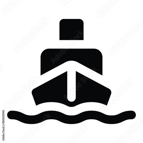 Solid black glyph of a ship on water. Clean and bold design representing sea travel, transportation, logistics, cruise tourism, and maritime journeys.