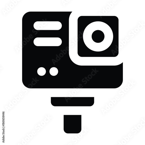 Solid black glyph of an action camera with compact form. Ideal for adventure travel, outdoor recording, sports documentation, and media content themes.