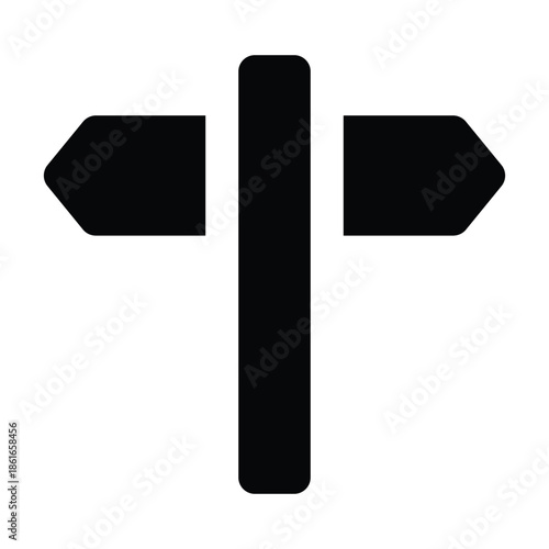 Solid glyph of a direction signpost in black. Clean and minimal design representing navigation, travel guidance, routing, and wayfinding concepts.