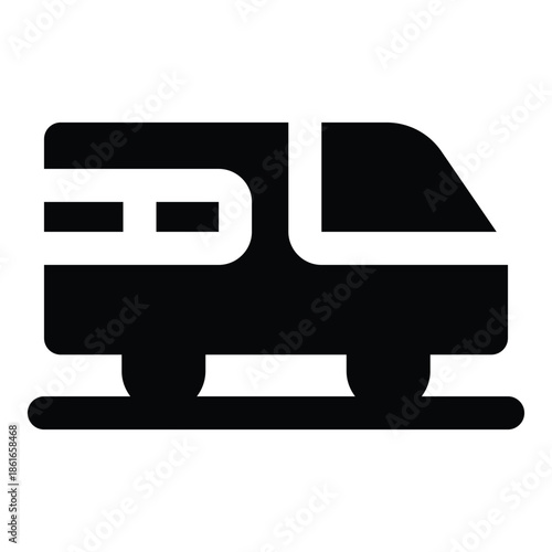 Solid glyph illustration of a train in black color. Minimal and bold design for transportation, travel commuting, railway systems, and logistics concepts.